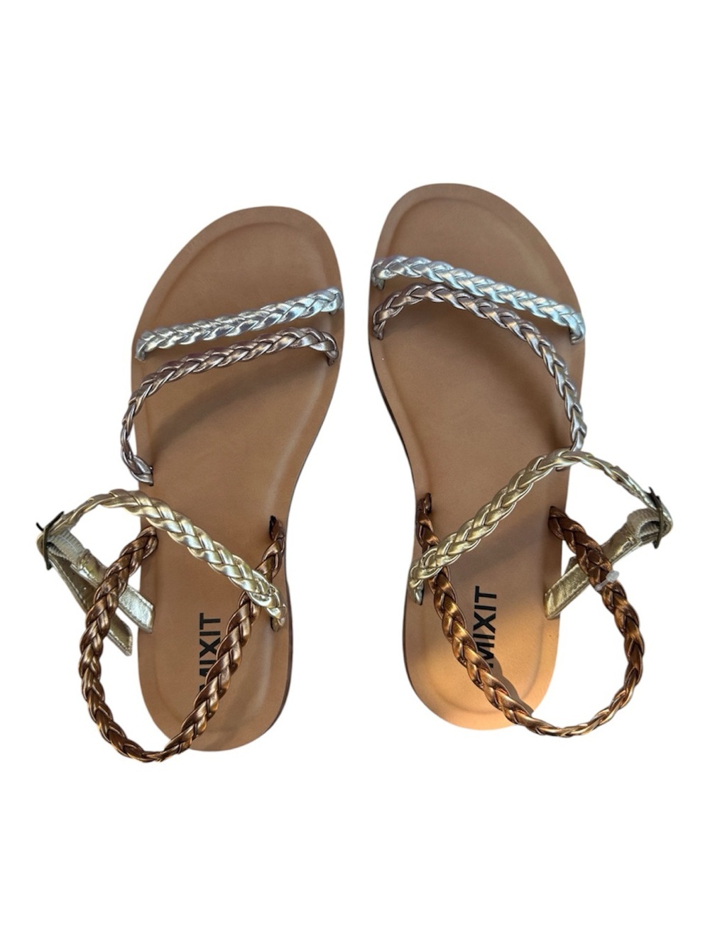 Braided Metallic Multi-Strap Sandals - Brown/Gold/Silver